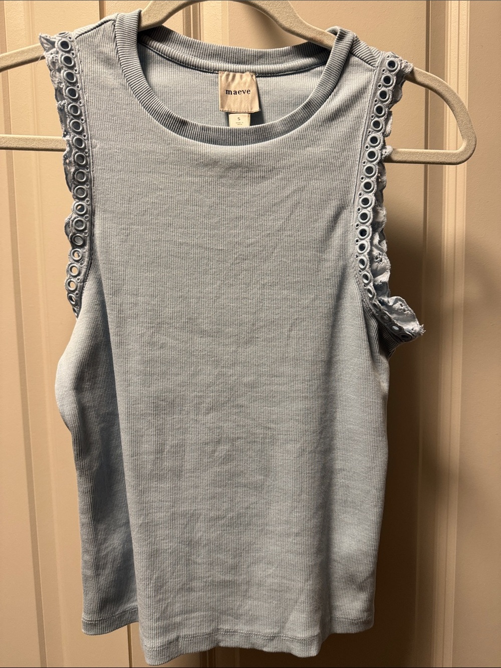 Maeve Pale Blue Ribbed Tank with Eyelet Trim